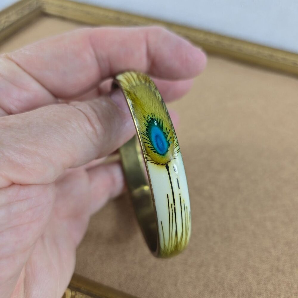 Peacock Bangel Bracelet Enamel Brass Boho Feathers Vtg Exotic